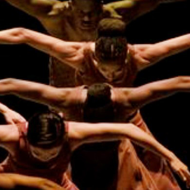 dancers in a row, bent at waist with arms up