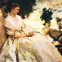 Woman in painting gazing out window